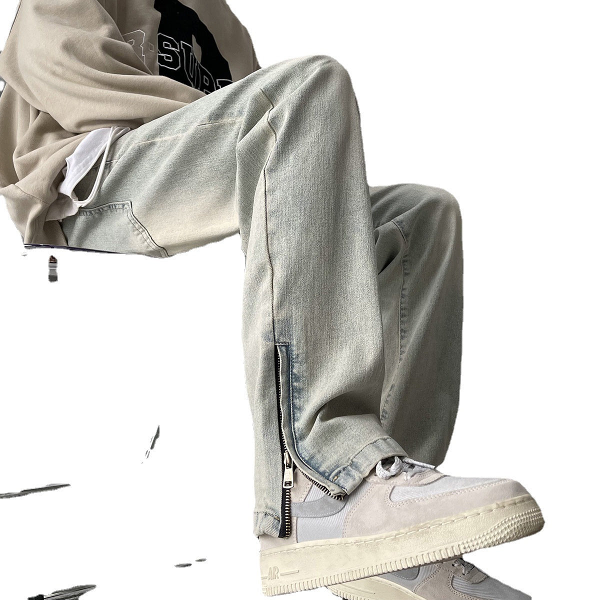 Side Zipper Skinny Jeans For Men Retro Straight-leg Pants