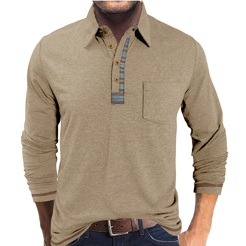 Men's Button-down Collar Colored Cotton Long Sleeve Polo Shirt