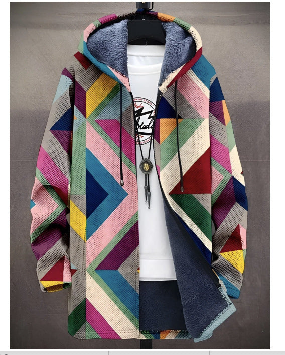 Men's Coat Winter Print Plush Lining Thick Windproof Jacket Long Sleeve Zipper