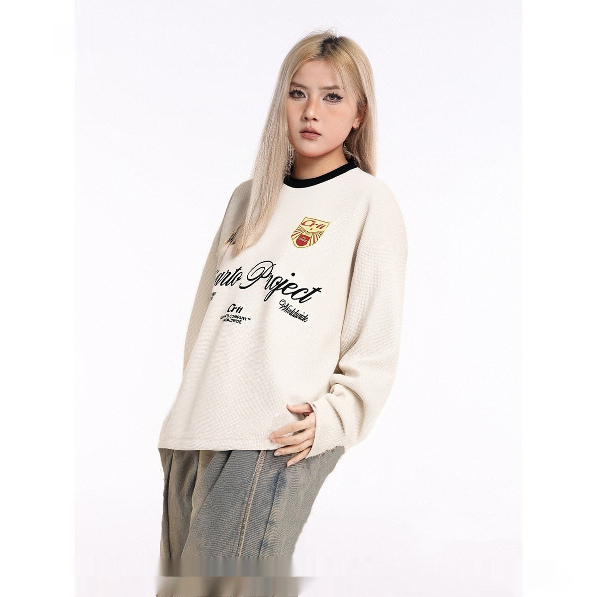 Niche Color-Block Waffle-Knit Men's Minimalist Letter Long-Sleeve Hoodie