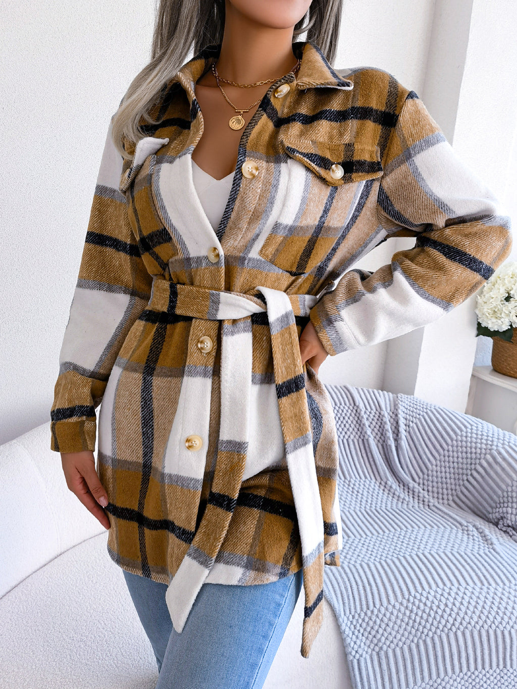 Women's Color-Blocked Plaid Long Sleeve Tie-Waist Thick Tweed Coat