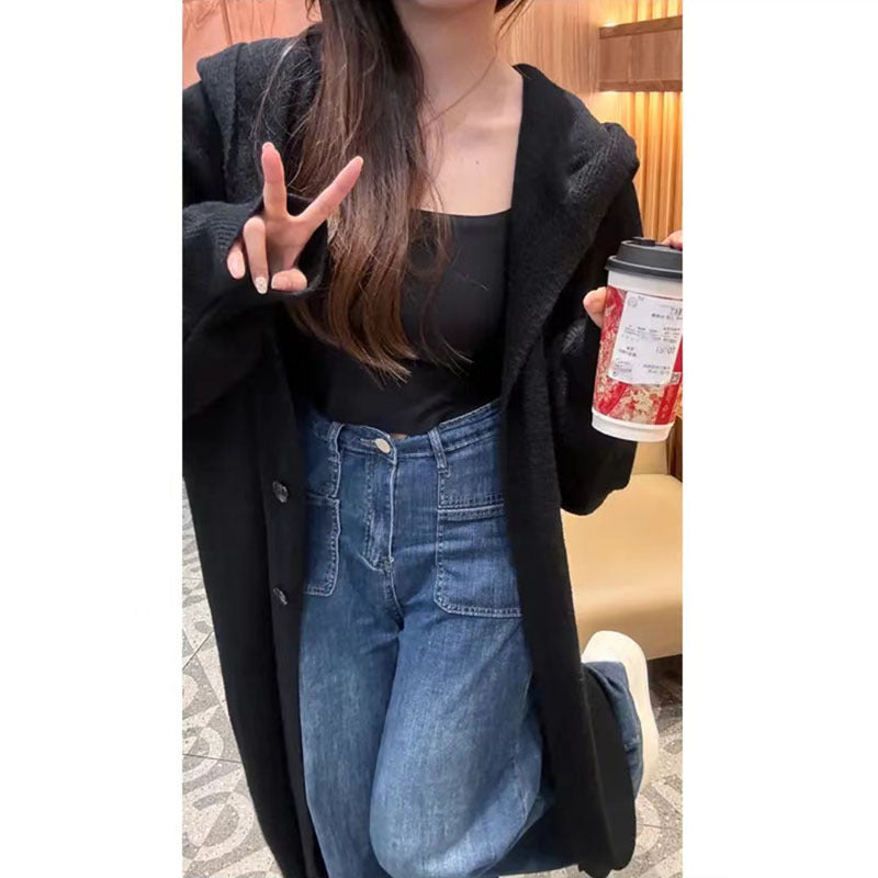 Korean Style Idle Style Hooded Long Below The Knee Knitted Cardigan For Women