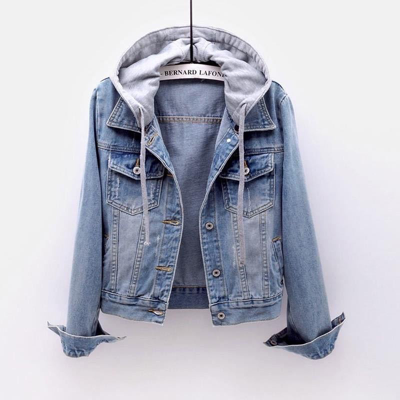 Plus Size Women's Denim Short Jacket, Hooded Cropped Zip-Up Coat With Pockets For Street Style Layering