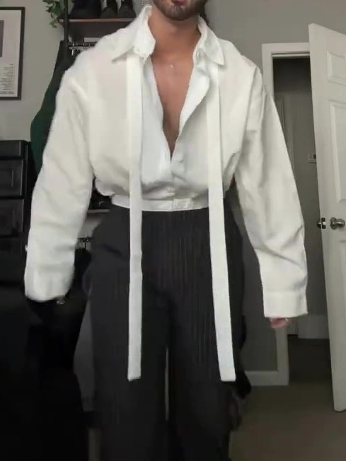 White Oversized Tie-Front Shirt With Relaxed Fit And Open Collar