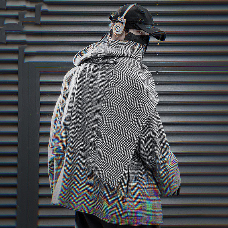 Double-shoulder Scarf Woolen Coat Men's Loose Casual Houndstooth Top Fashion