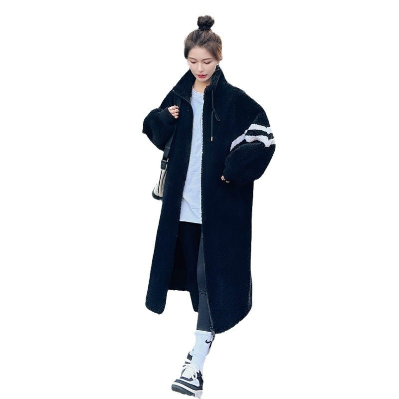 Women's Black Patchwork Lambswool Long Velvet Coat