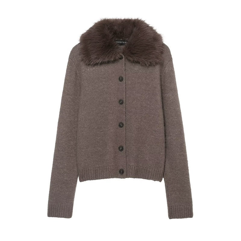 Faux Fur Effect Lapel Knitted Coat Women
