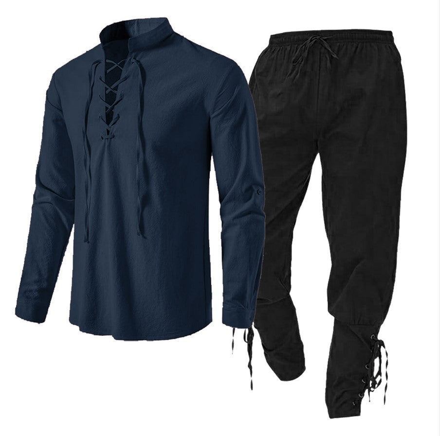 Men's Long Sleeve Linen Cotton Shirt Casual Solid Color Two-Piece Set