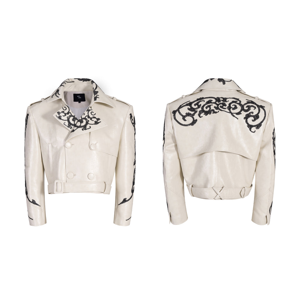 Lapel Pu Handsome Sequins Cropped Leather Coat Men