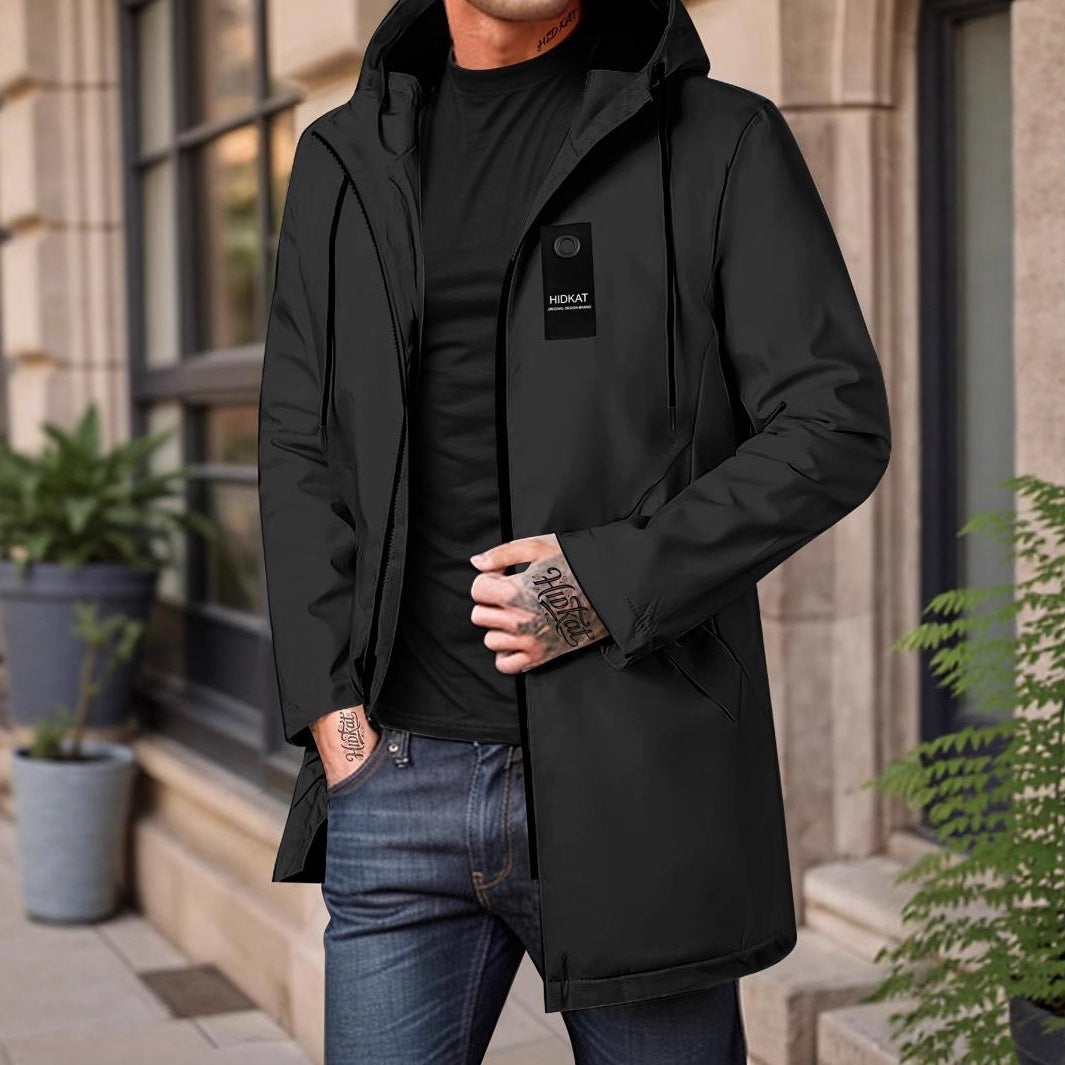Mid-length Men's Hooded Casual Workwear Shell Jacket Windproof Jacket
