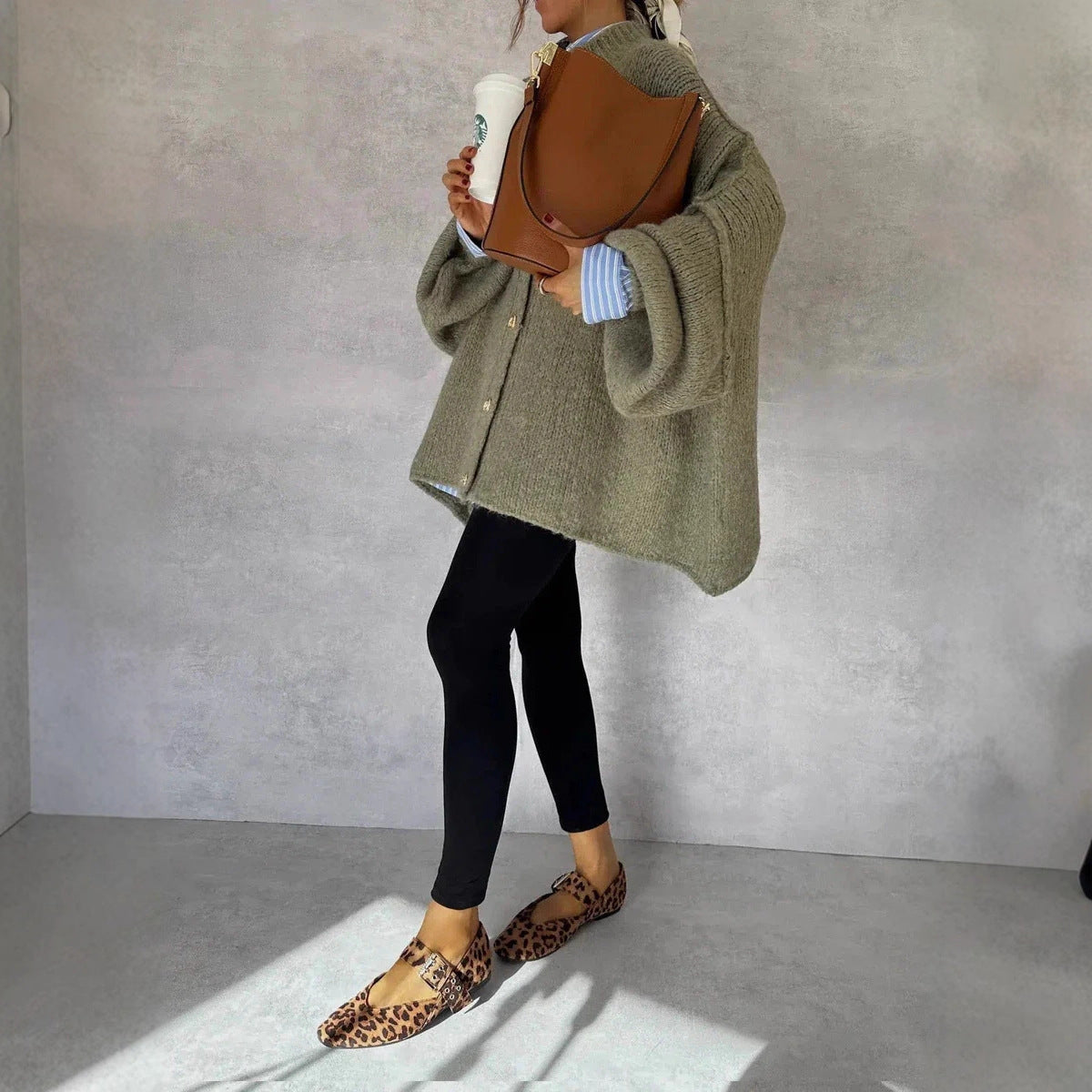 Autumn Winter Solid-Color Casual Knitted Cardigan With Buttons And Oversized Sleeves