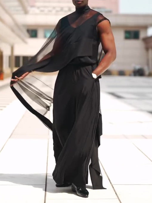 Black Mesh Irregular Hem Wide-leg Pants Suit