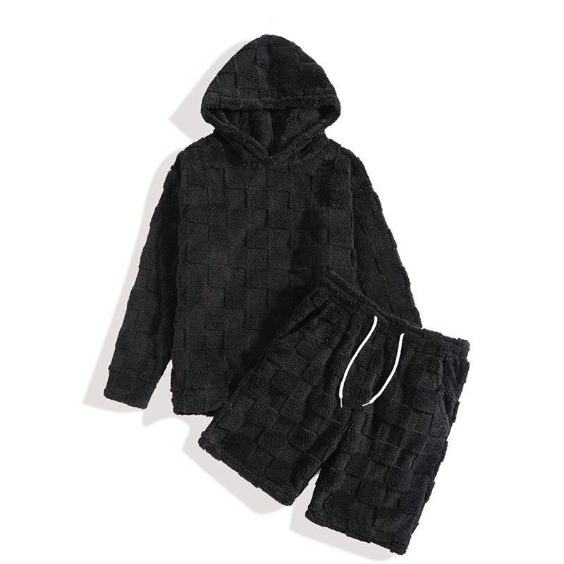 Men's Slim-fit Crew-neck Long-sleeve Shorts Plaid Two-piece Set