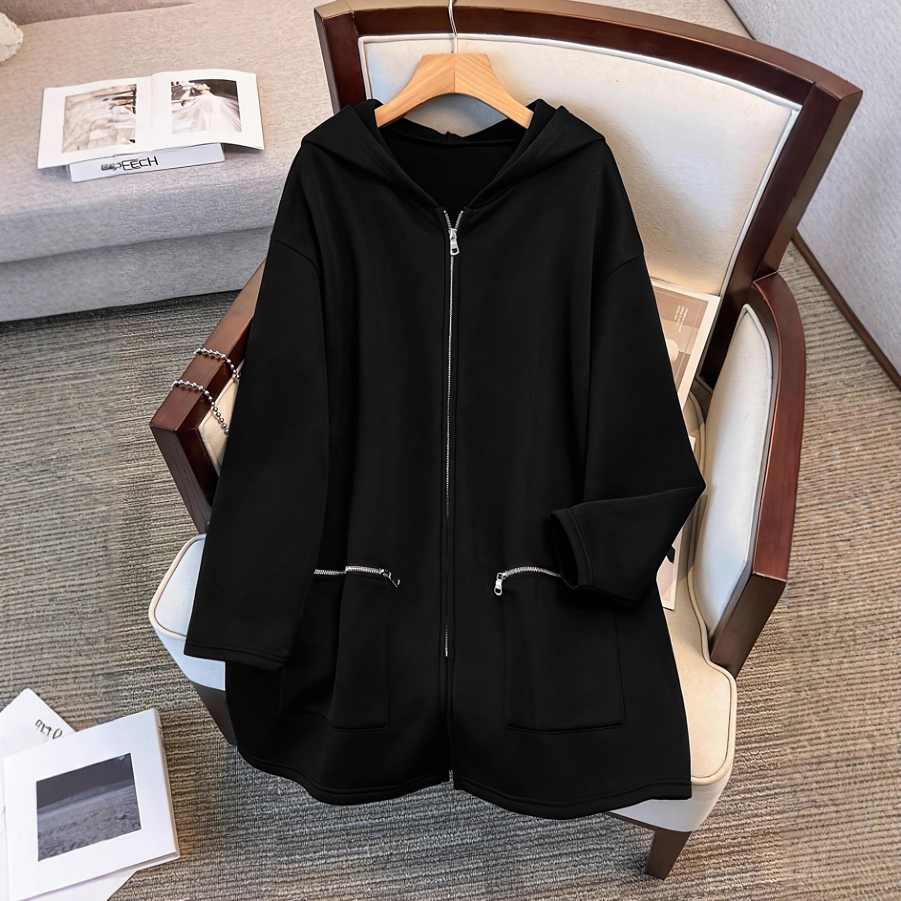 Plus-size Retro-chic Casual Sporty Hoodie For Fallwinter Loose-fitting