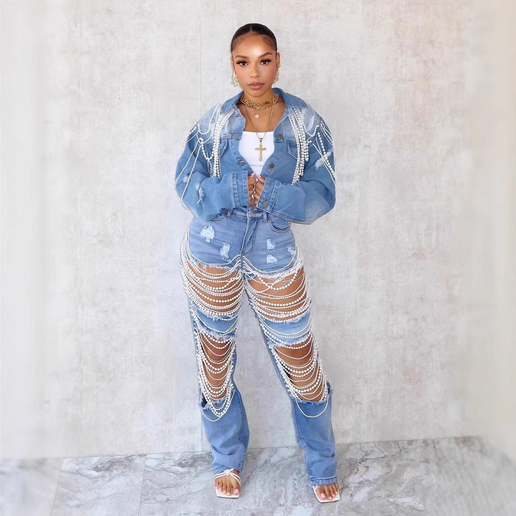Fashionable Pearl-Chain Hand-Embroidered Beaded Denim Jacket