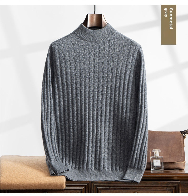 Thickened Wheat Jacquard Cashmere Sweater Men's Half-high Collar Solid Color Sweater