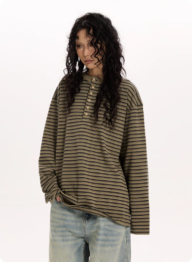 Retro Classic Striped Simple Long-sleeved Shirt Relaxed Feel