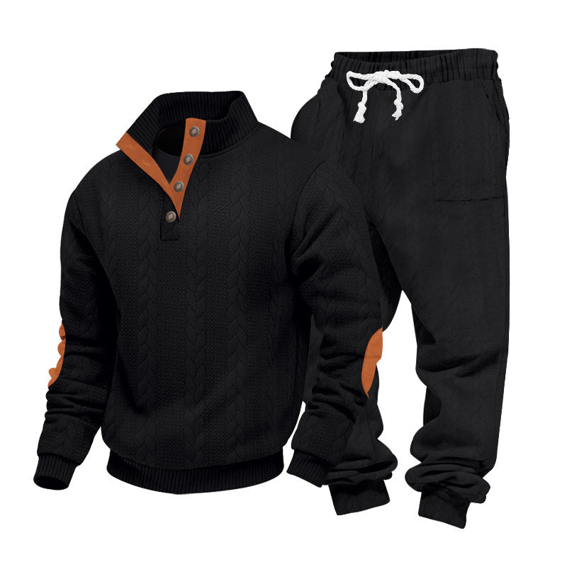 Men's Loose Stand Collar Henley Sweatshirt Casual Pants Set