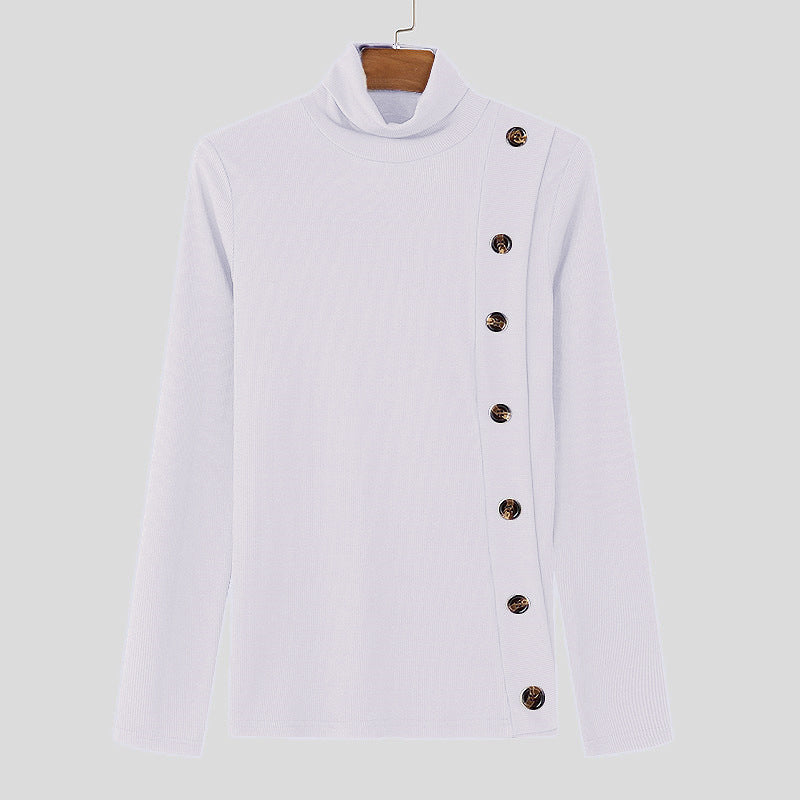 European And American Men Casual Sweater Turtleneck Buttons Solid Color Long Sleeve