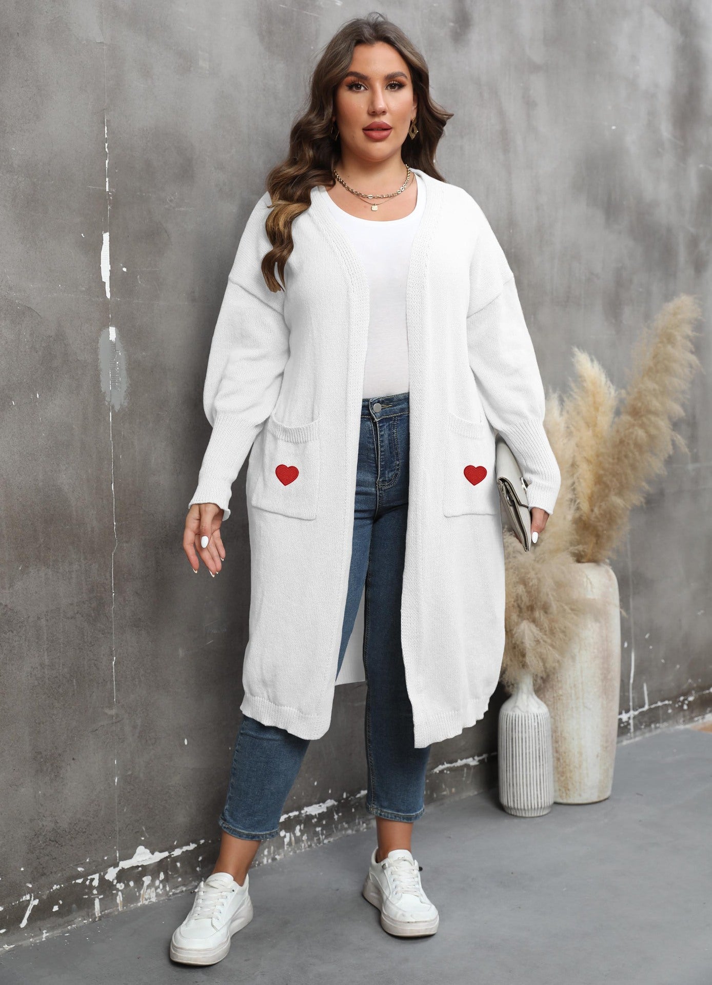 Women's Plus Size Mid-length Woven Love Double Pocket Lantern Sleeve Sweater Cardigan