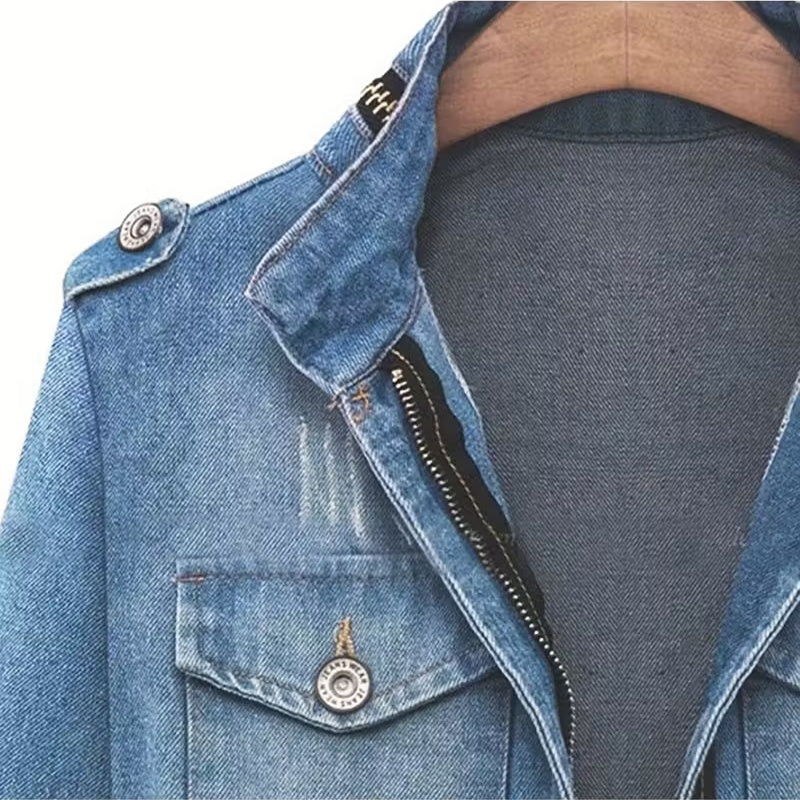 Plus Size Women's Denim Jacket, Solid Color Stand Collar Long Sleeve Zip Front Coat With Button Accents