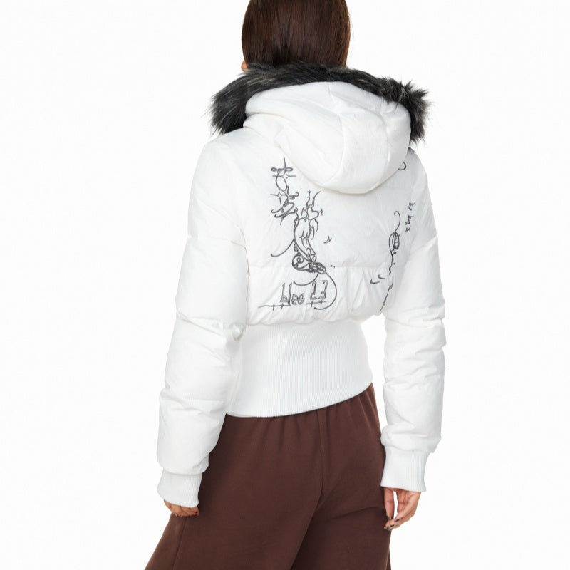 Printed Fur-collar Hooded Cotton Coat Women's Winter American Slim Fit