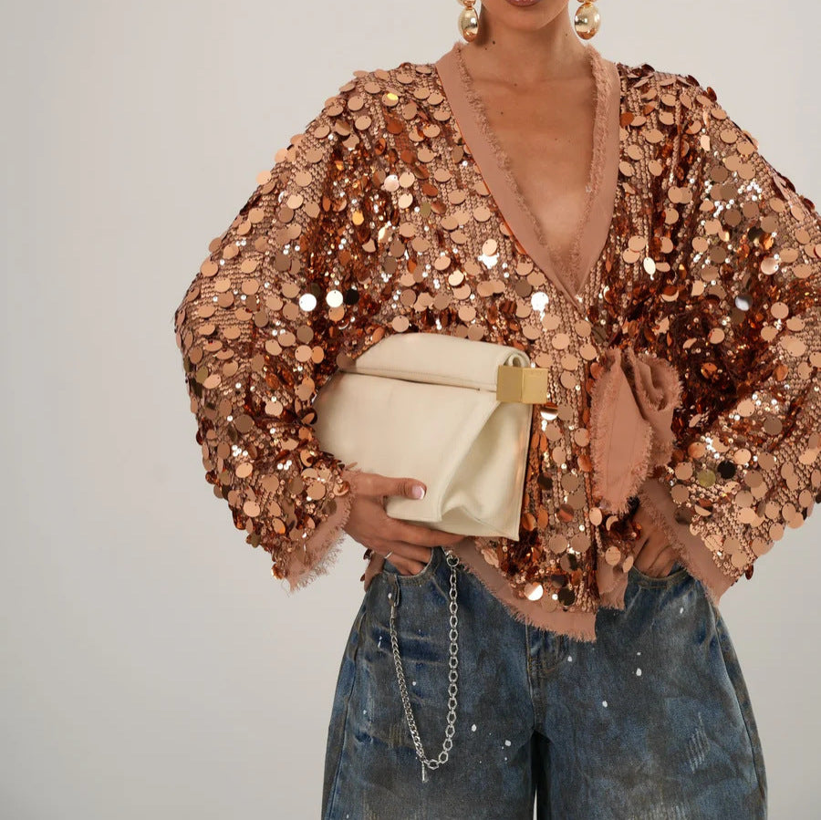 Fashionable Beaded Patchwork Solid Color Jacket For Women