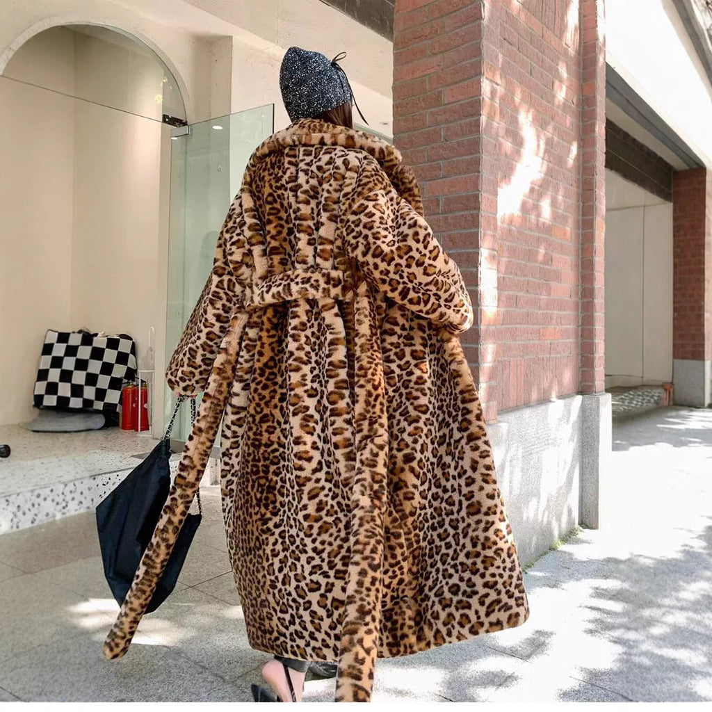 Women's Imitation Fur Leopard Print Rabbit Fur Super Long Suit Collar Furry Coat