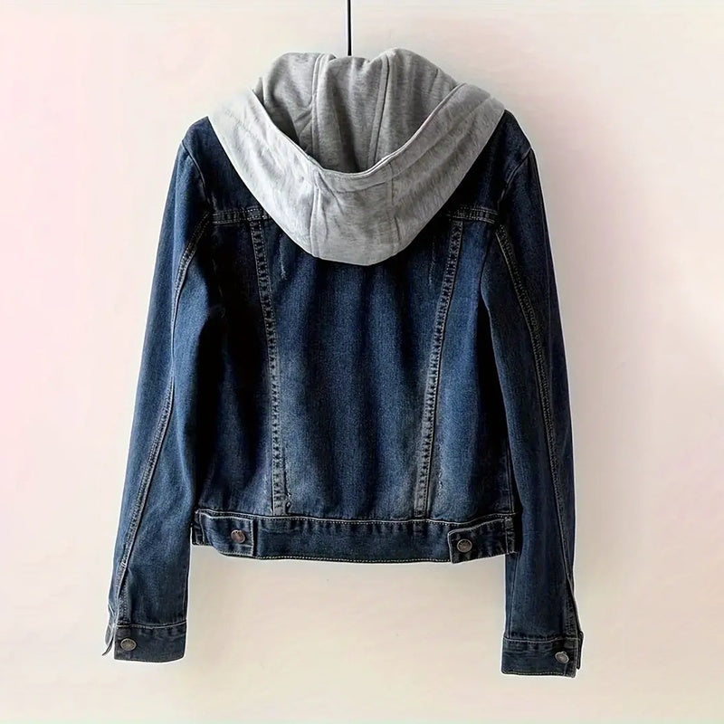 Plus Size Women's Denim Short Jacket, Hooded Cropped Zip-Up Coat With Pockets For Street Style Layering