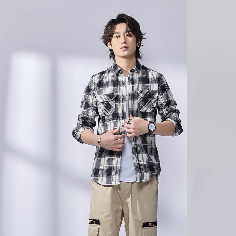 Men's Casual Plaid Lapel Long-sleeve Shirt