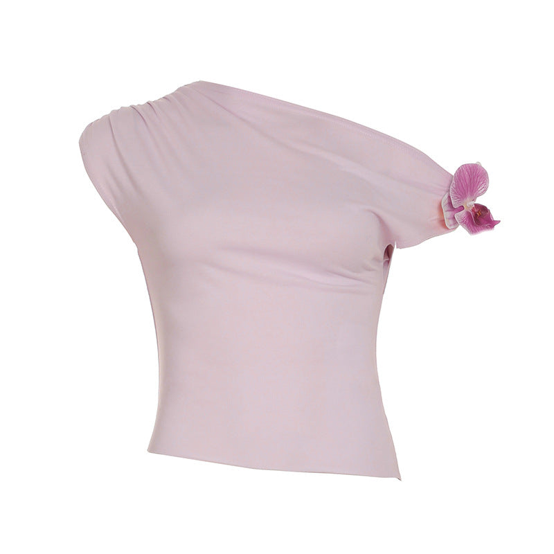 Girly, Sexy, Off-the-Shoulder Pleated 3D Floral Short-Sleeve Cropped T-Shirt