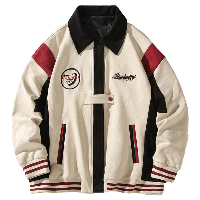 American Retro Color Block Embroidery Turn-down Collar Coat