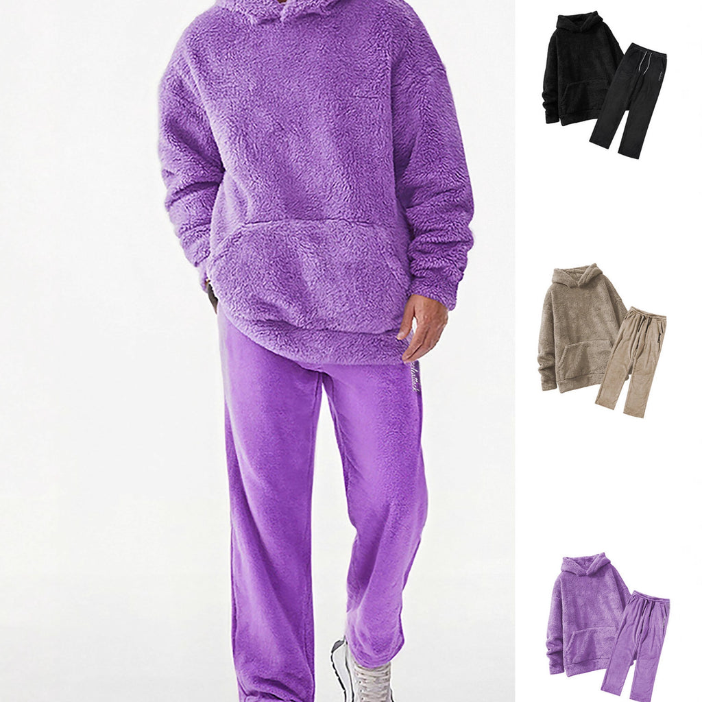 Men's Hooded Casual Loose-Fit Fashionable Personalized Coral Fleece Sweater Set