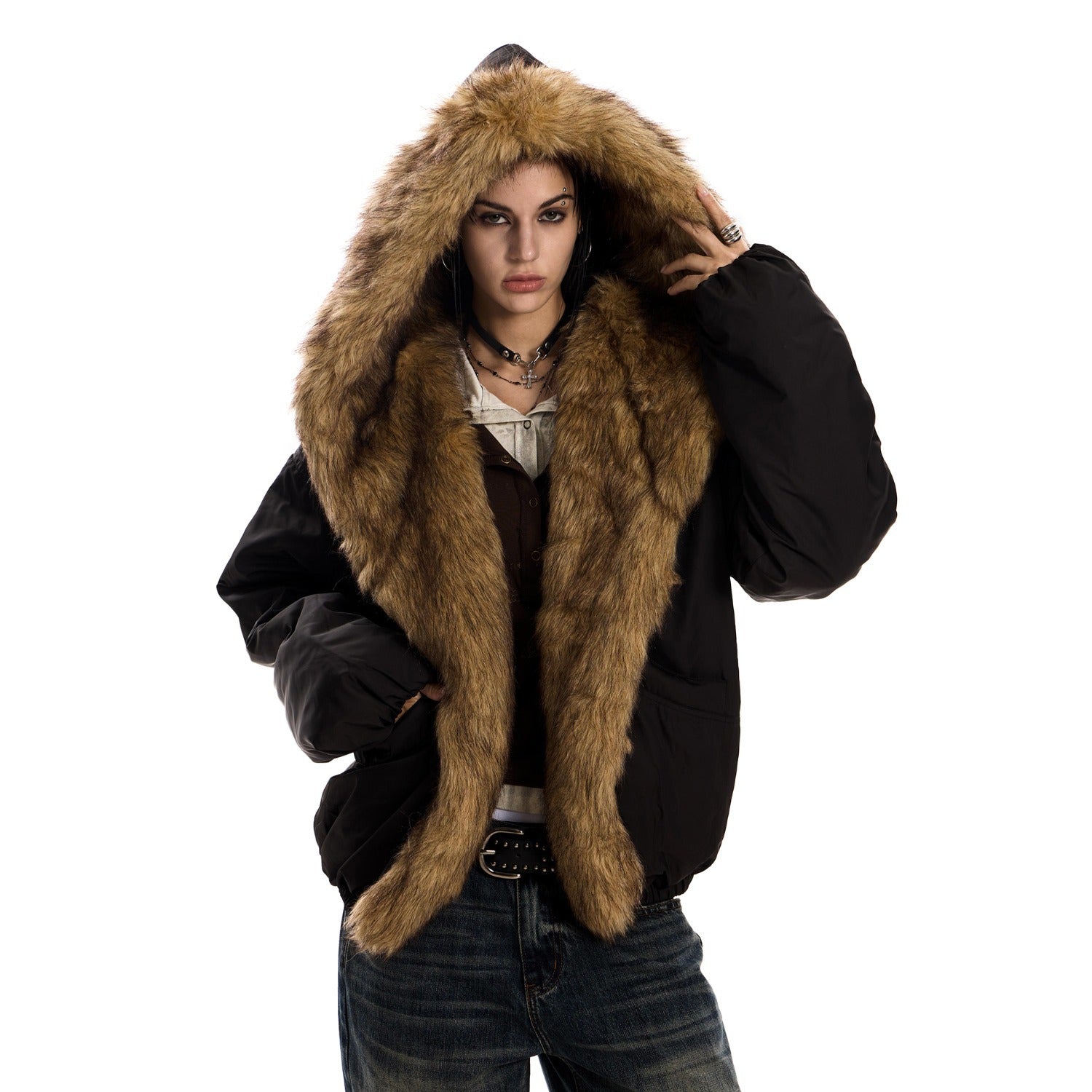 Hooded Cotton Women's Loose Lazy Style Fur Collar Parka