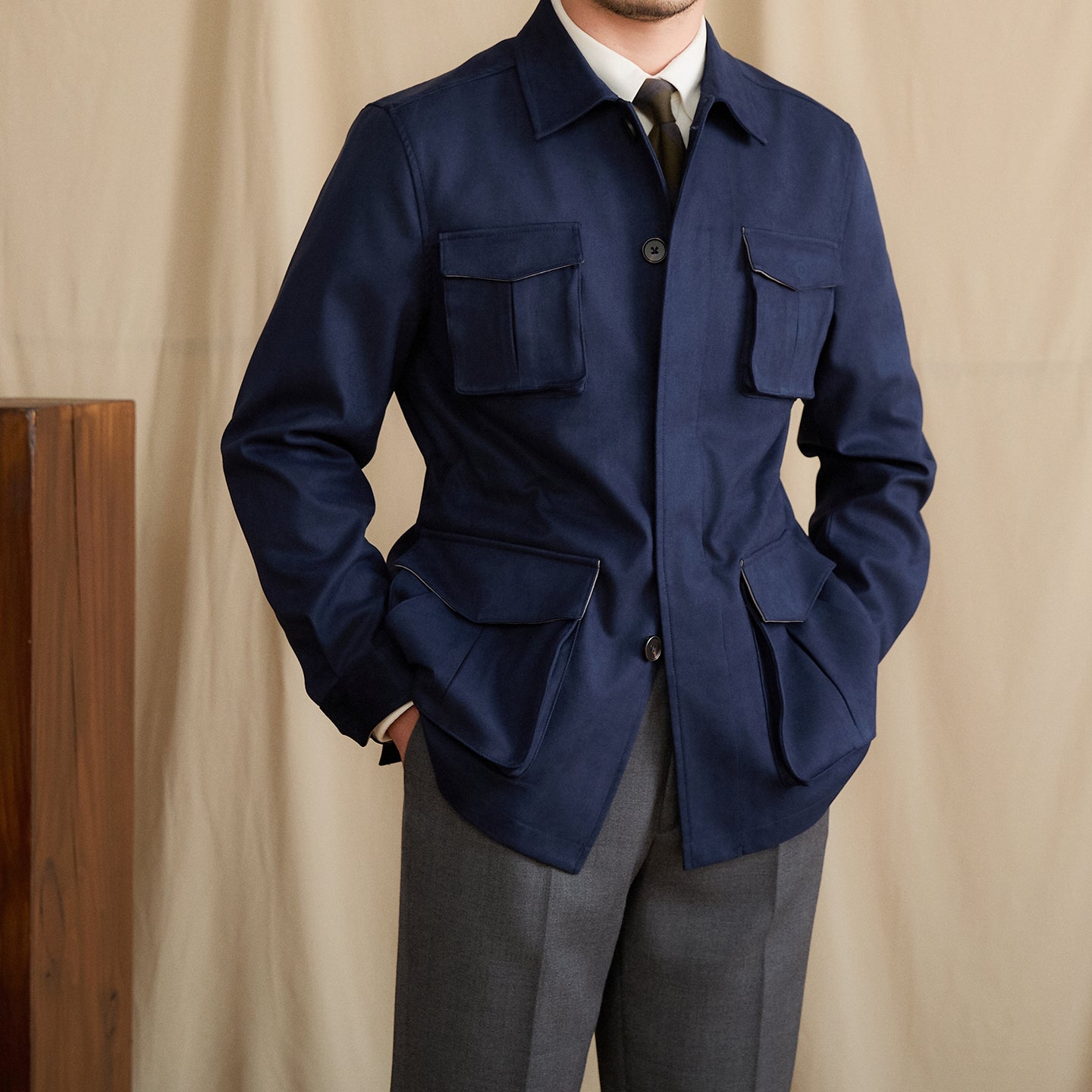 Suede Lapel Slim-fit Waist Safari Jacket Jacket