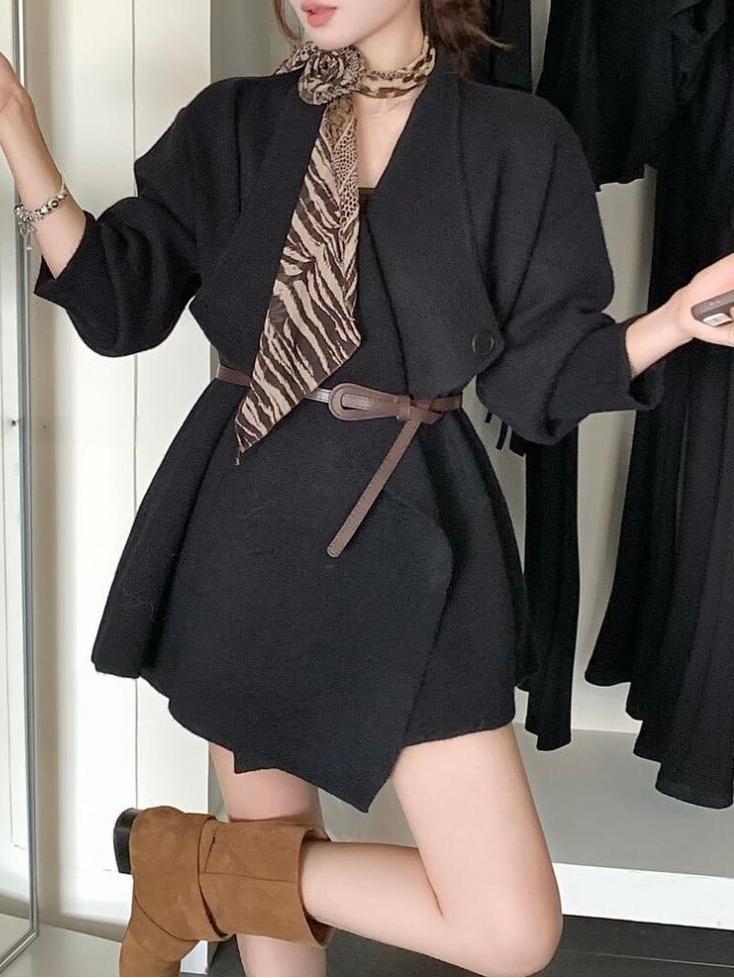 Irregular Lapel Mid-length Knitted Cardigan Casual Laid-back Style