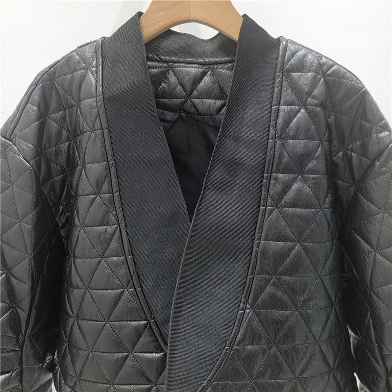 Short Quilted Leather Motorcycle Jacket Women