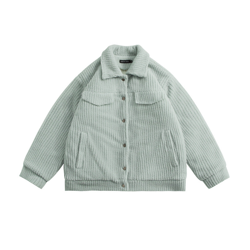 Vertical Striped Lamb Wool Cotton Coat With Solid Color Couple's Top