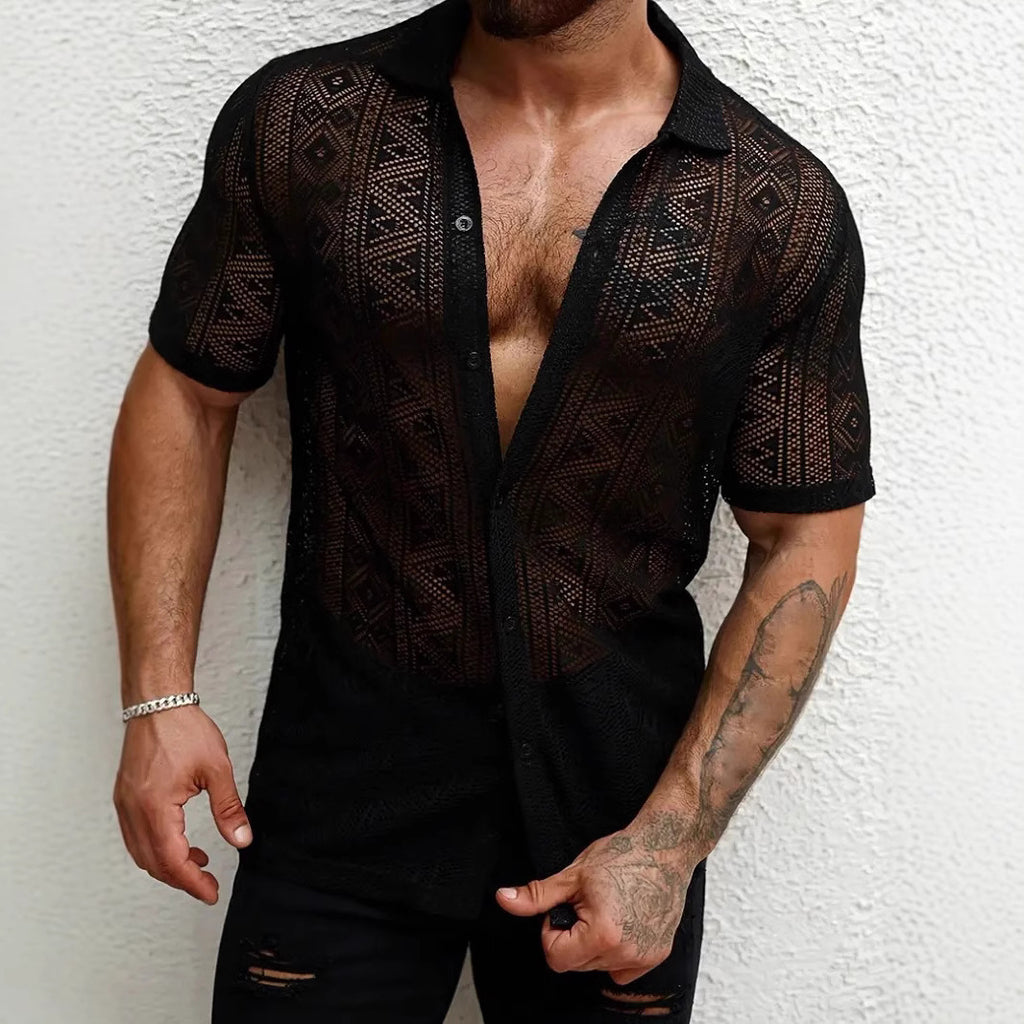 Men's Casual Lace Transparent Short-sleeved Shirt