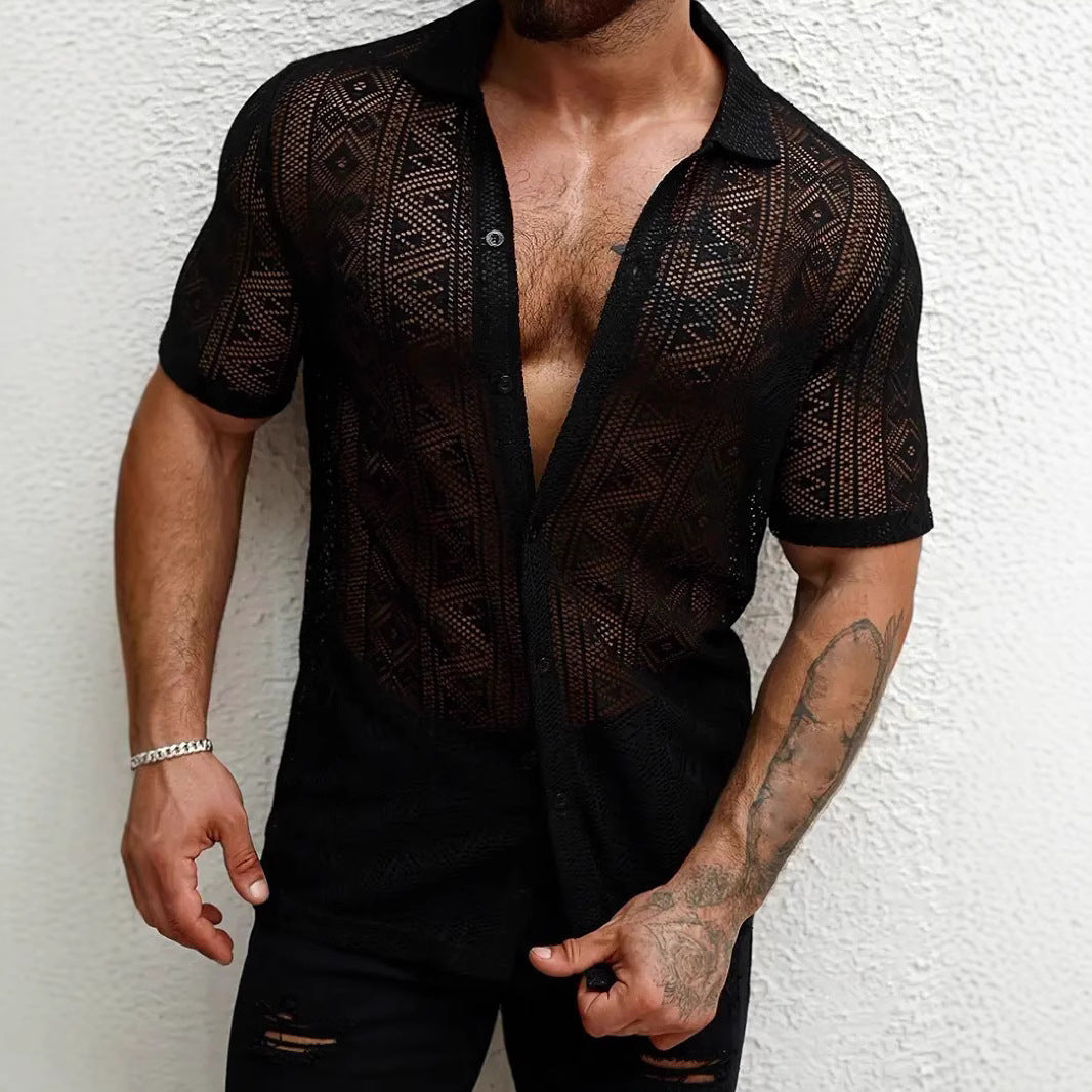 Men's Casual Lace Transparent Short-sleeved Shirt