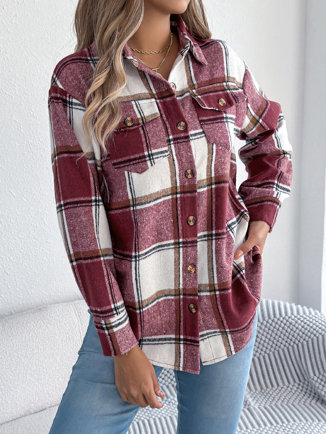 Women's Casual Plaid Fake Pocket Long Sleeve Tweed Mid-Length Coat
