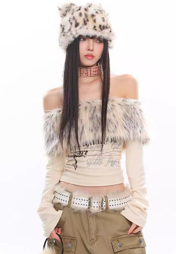Off-shoulder Top With Fur Collar For Women Perfect