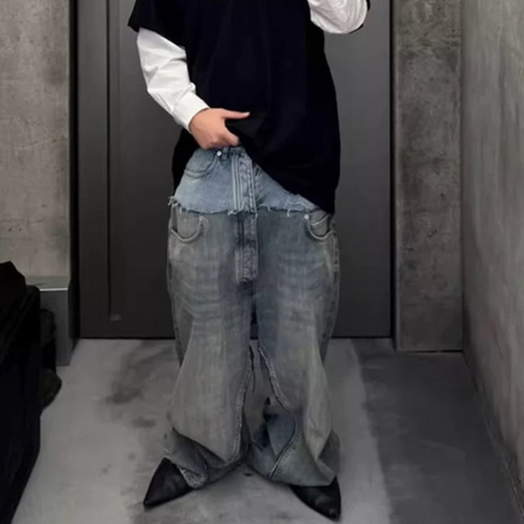 Cat Whisker Distressed Long Pants Unisex Double Waist Patchwork Jeans
