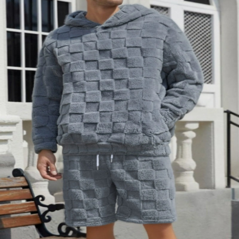 Men's Slim-fit Crew-neck Long-sleeve Shorts Plaid Two-piece Set