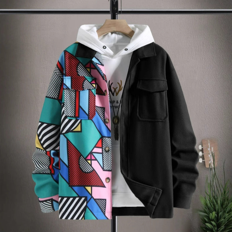 European And American Style Men's Clothing Printed Casual Loose Pockets Jacket