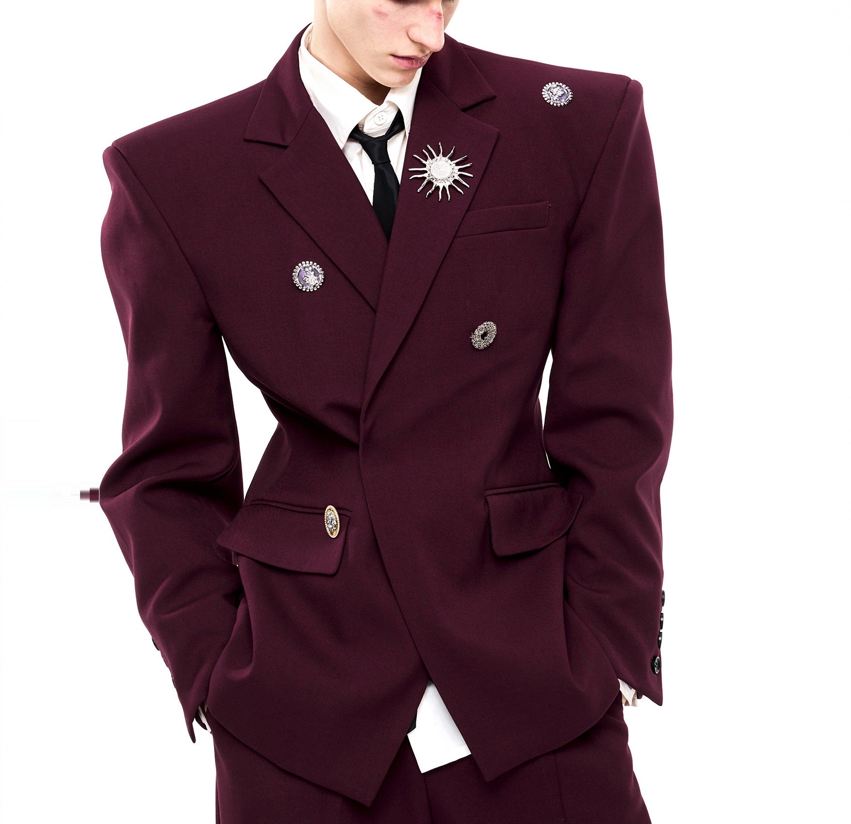 High-grade Light Luxury Metal Brooch Men's Tight Waist Crisp Wool Suit