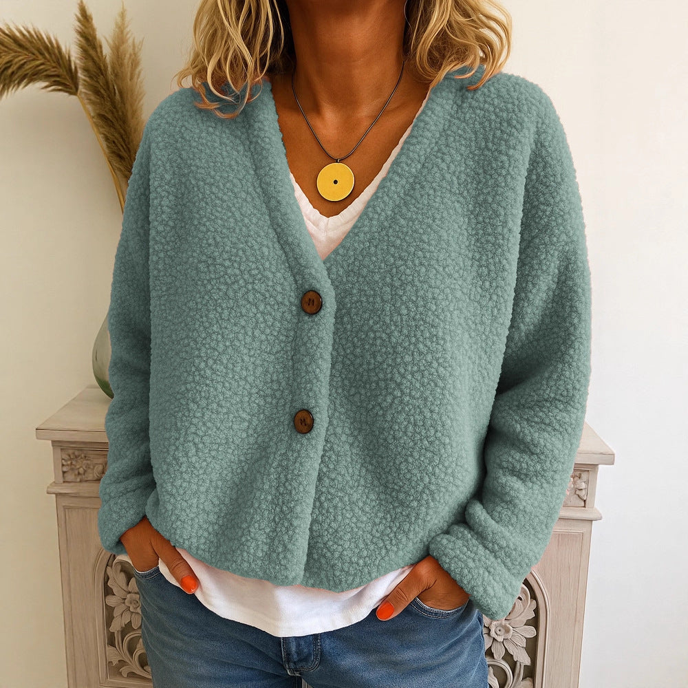 Casual V-neck Long Sleeve Cardigan Solid Color Fleece Button Coat