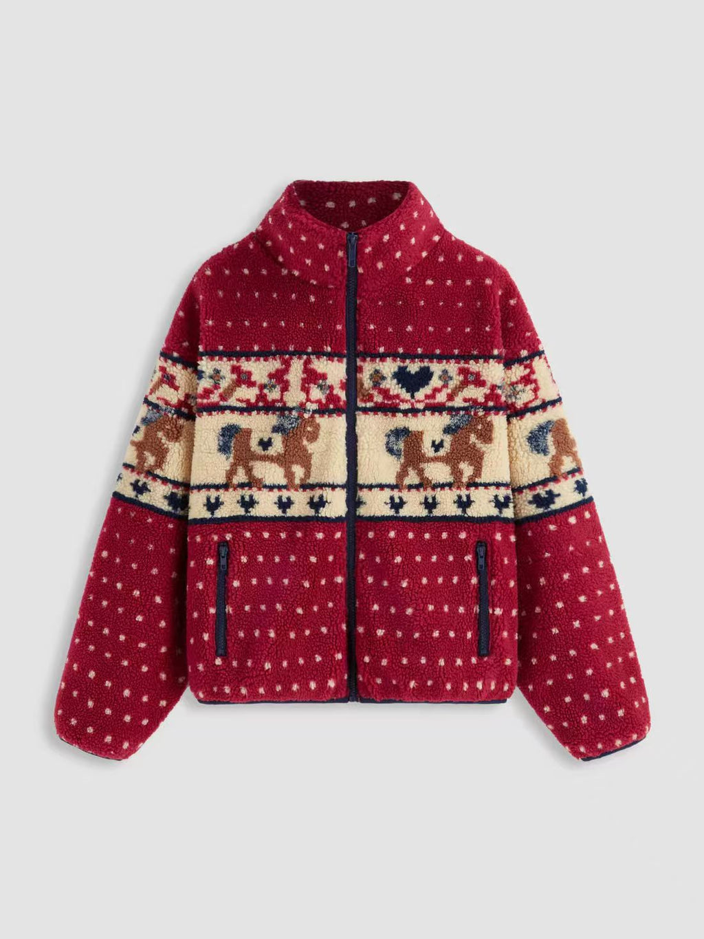 Christmas Long-sleeve Zipper Pocket Snowflake Moose Woolen Coat