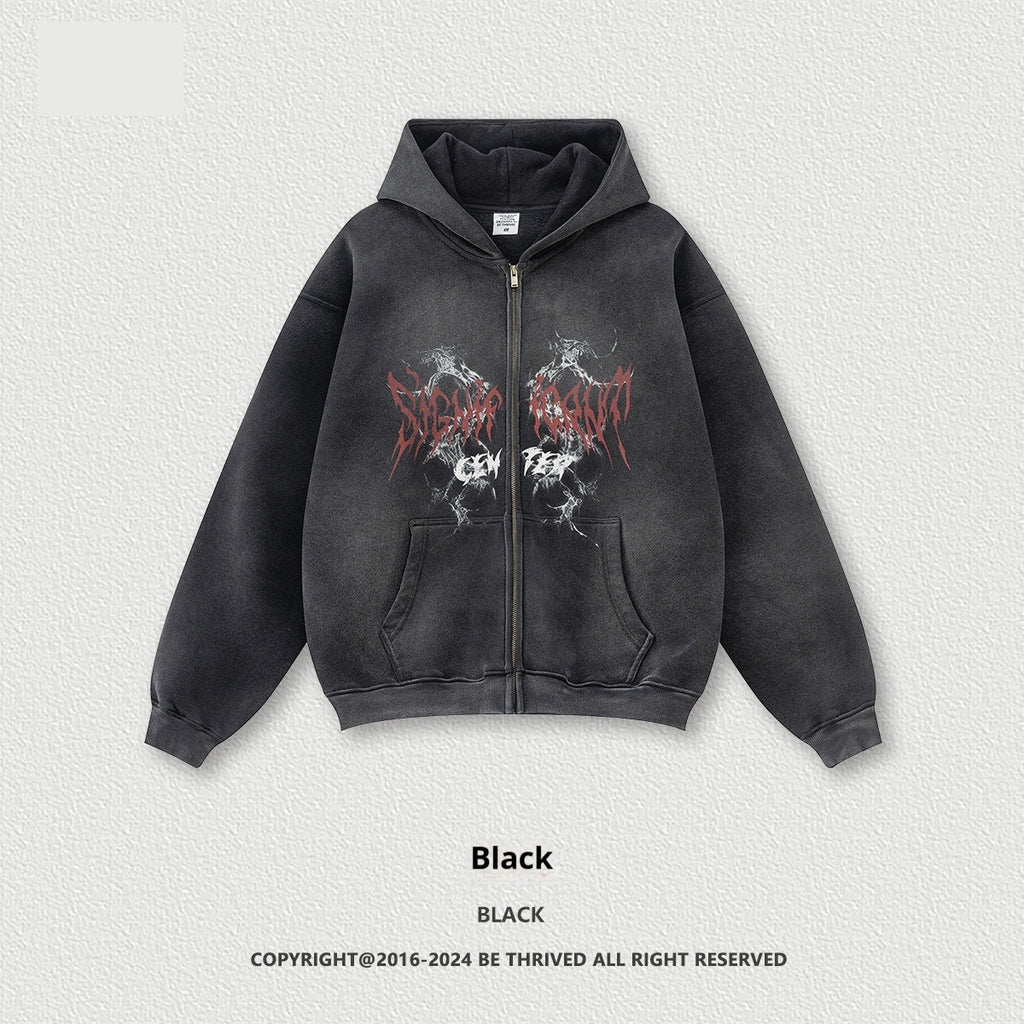 Gothic Style Zippered Hooded Sweatshirt Cardigan Jacket For Men
