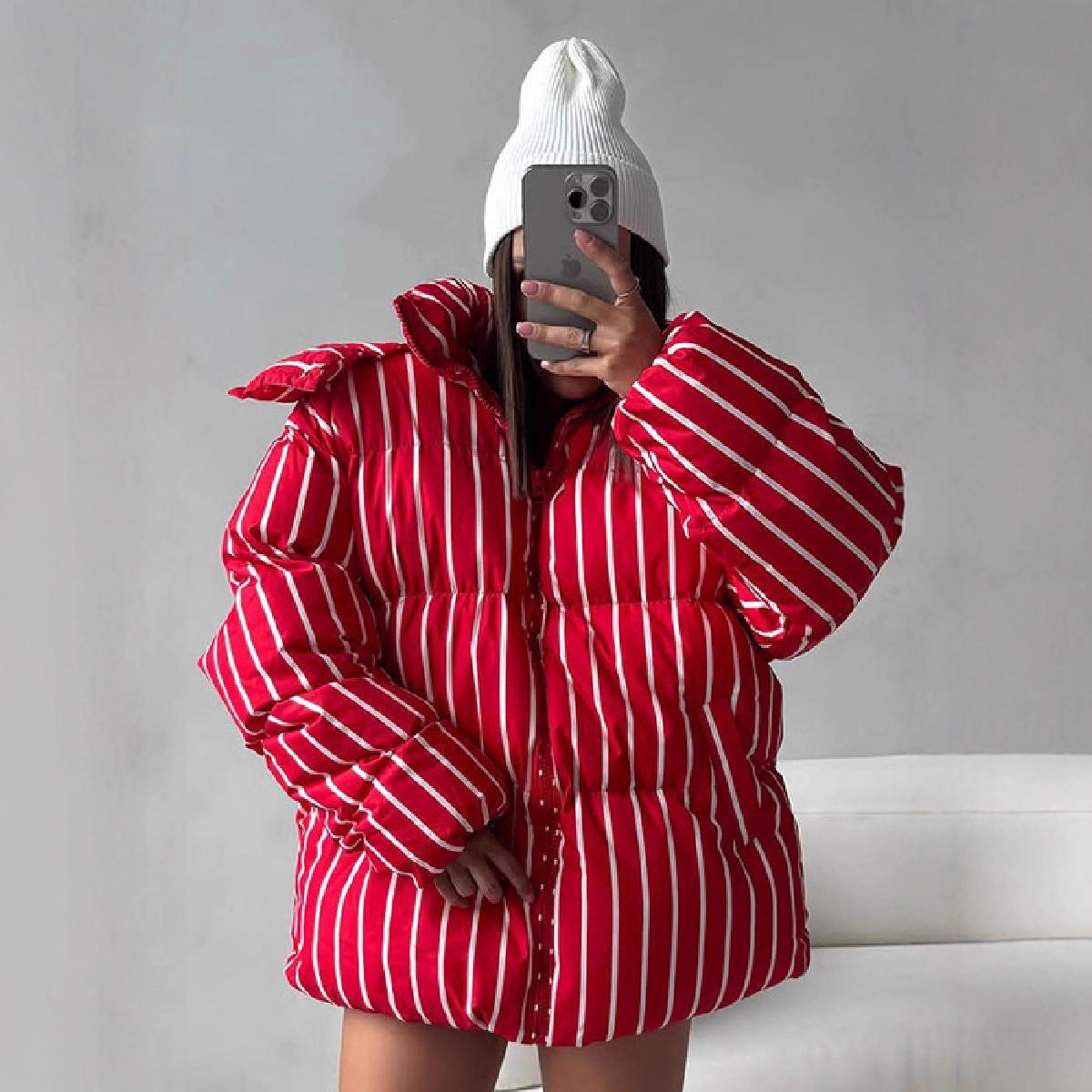 Warm Stand Collar Striped Hooded Cotton Coat Jacket